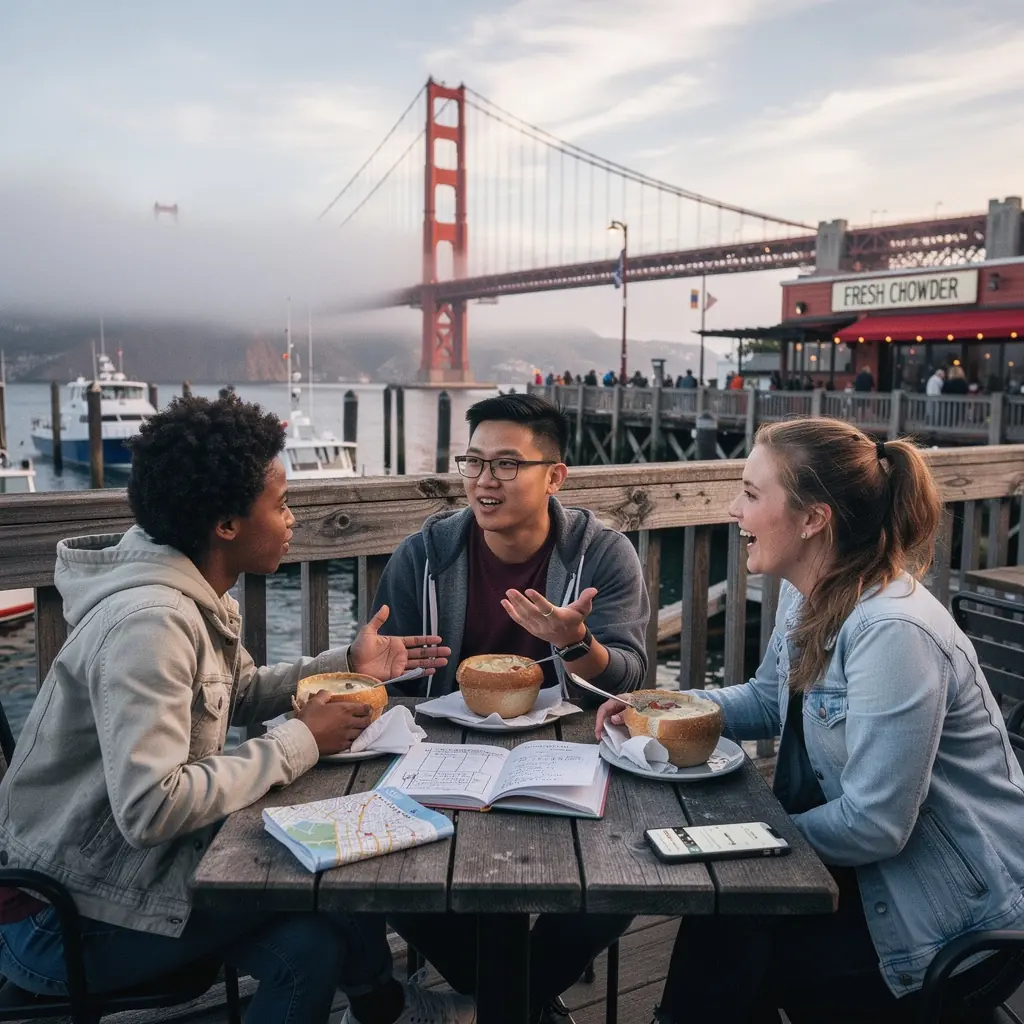 Planujący podróż z mapą i notatkami w pięknym amerykańskim krajobrazie.