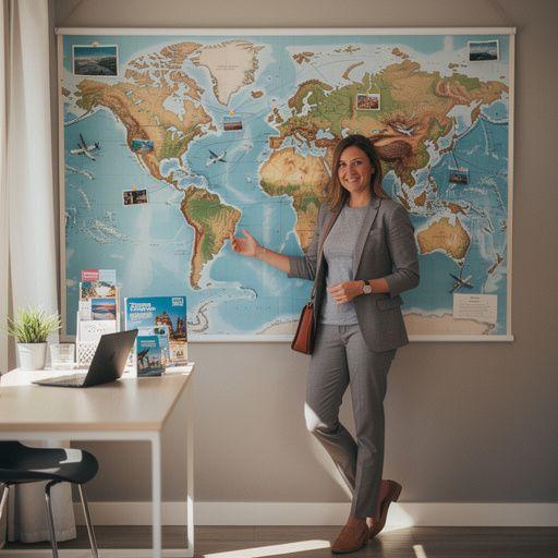 Osoba korzystająca z laptopa, planująca trasę podróży w biurze.